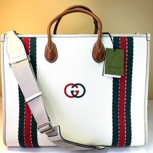 Gucci Interlocking G Logo Canvas tote leather trim adj. strap NWT COA